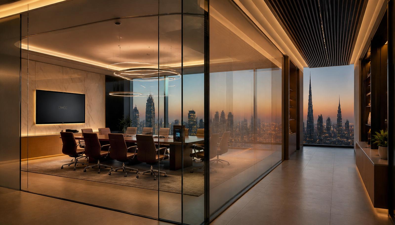 Switchable smart glass boardroom partition in a premium Dubai office at dusk