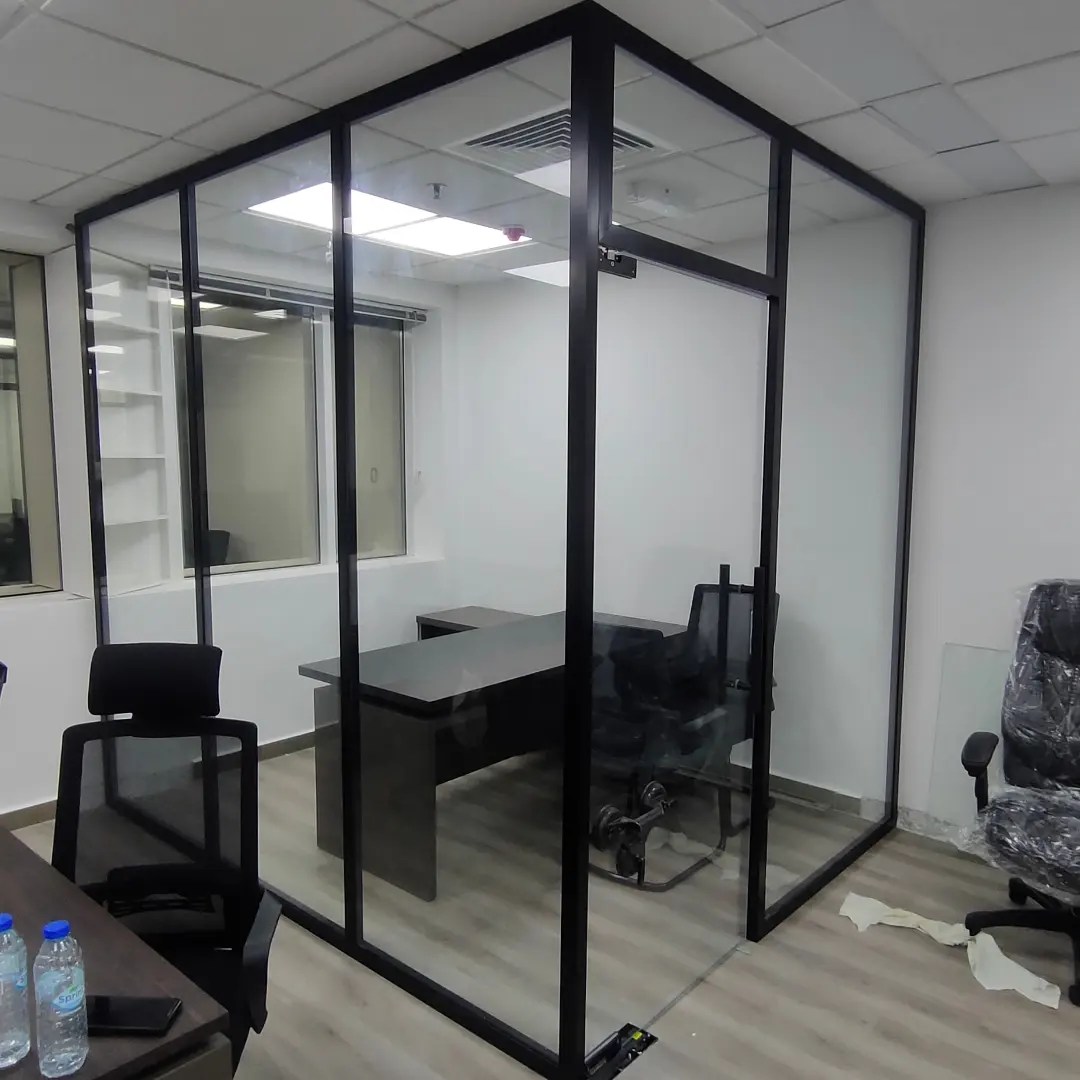 frameless glass office cabin black frame Business Bay Dubai