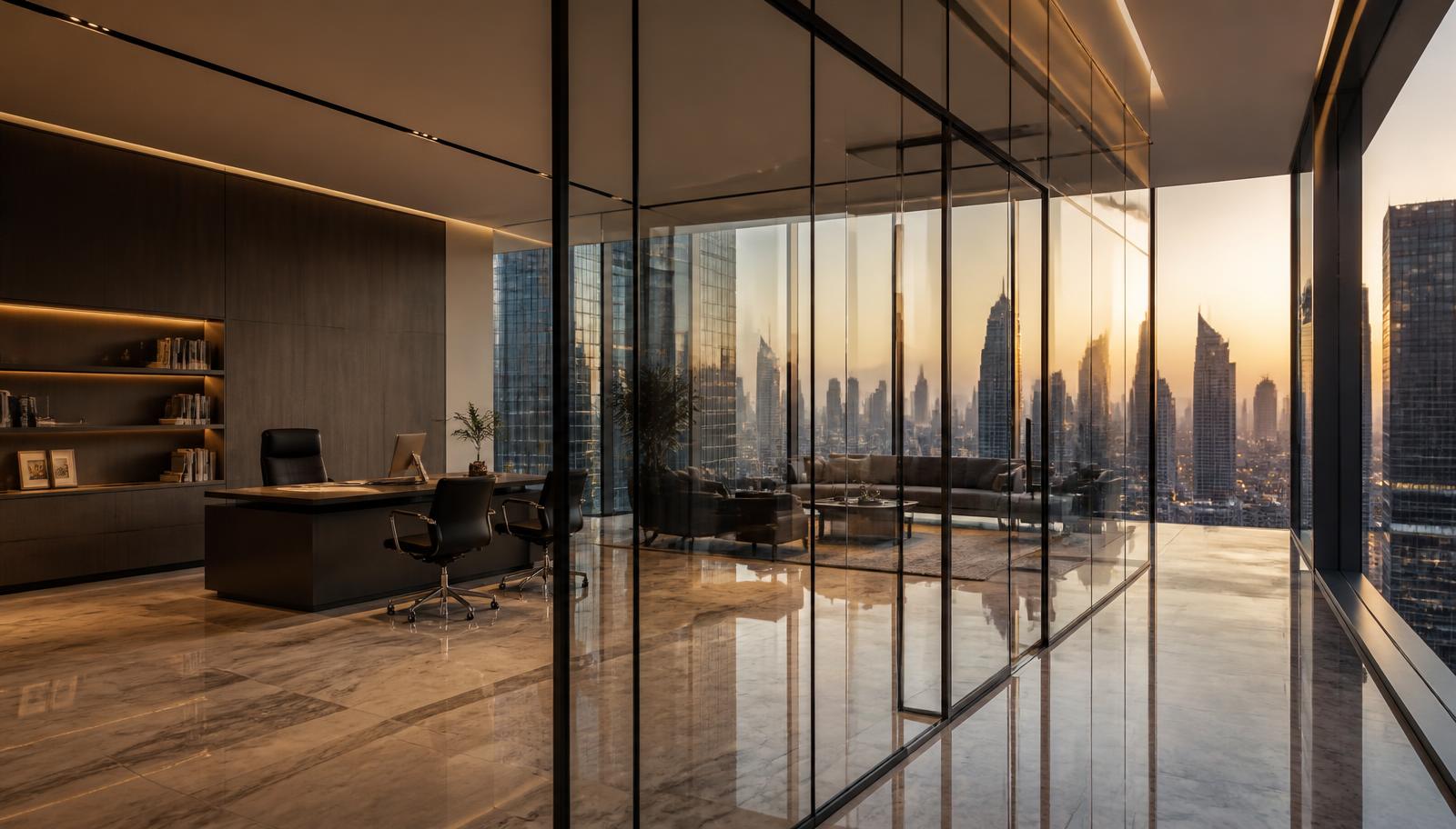 Frameless glass partitions with black aluminium framing in a premium Dubai office