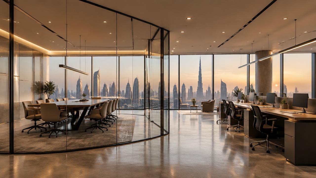 Acoustic glass partition Dubai — frameless glass boardroom with black aluminium framing in a premium Dubai office