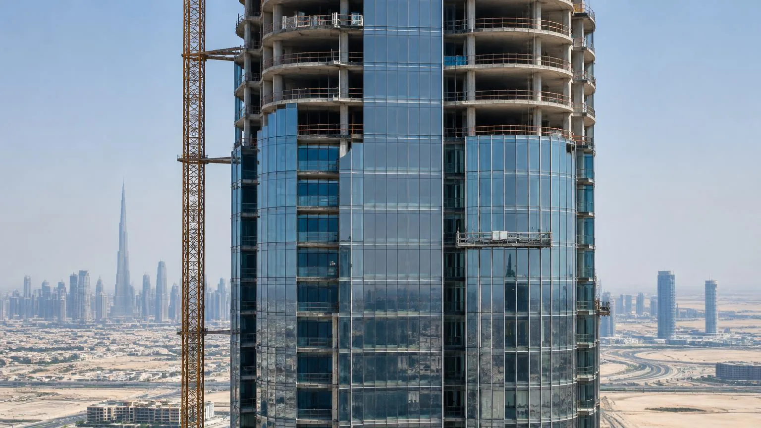 Illustration of a Dubai high-rise glass façade under construction