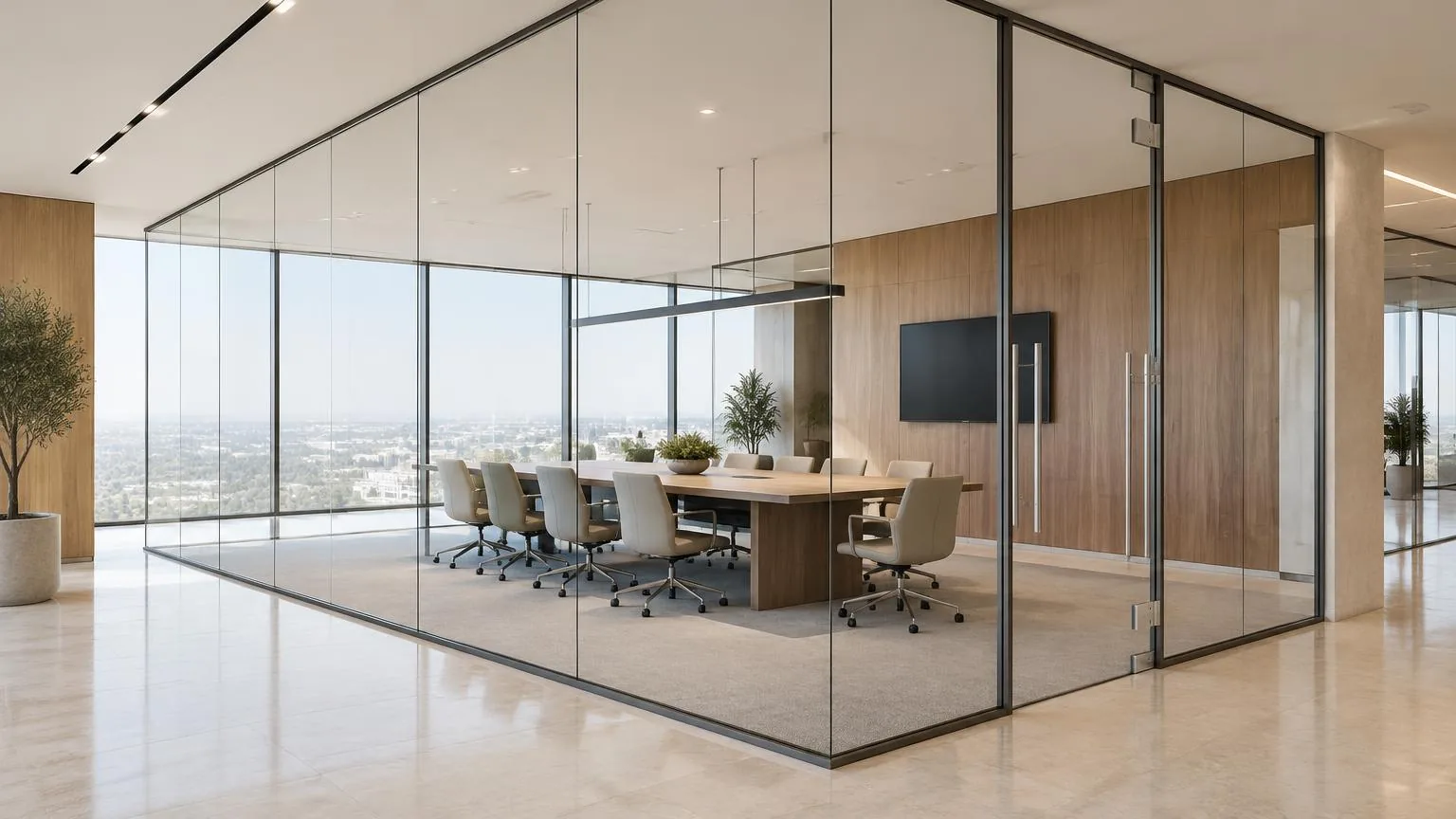 Editorial illustration of premium glass partitions, not the completed order